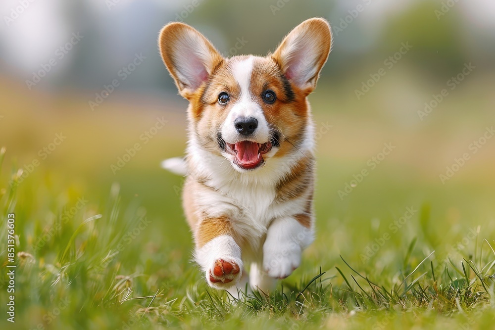 A corgi puppy running through a grassy field, ears flopping and tongue hanging out. The background shows a bright, sunny day A corgi puppy running through a grassy field, ears flopping and tongue hanging out. The background shows a bright, sunny day