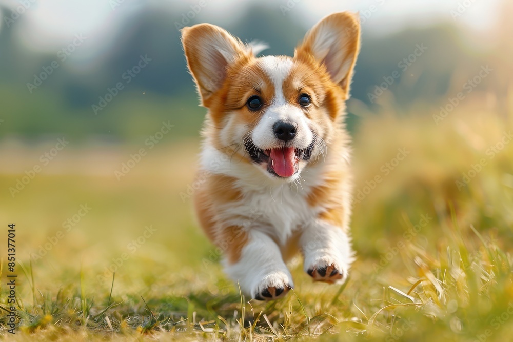 A corgi puppy running through a grassy field, ears flopping and tongue hanging out. The background shows a bright, sunny day A corgi puppy running through a grassy field, ears flopping and tongue hanging out. The background shows a bright, sunny day