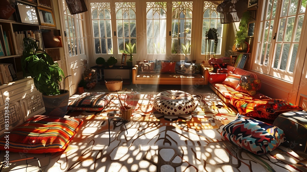 A sunroom with a cozy, eclectic design, decorated with mismatched furniture, colorful cushions, and sunlight casting warm patterns on the floor A sunroom with a cozy, eclectic design, decorated with mismatched furniture, colorful cushions, and sunlight casting warm patterns on the floor
