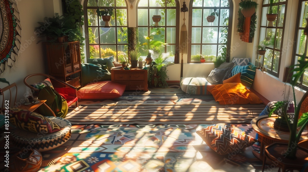 A sunroom with a cozy, eclectic design, decorated with mismatched furniture, colorful cushions, and sunlight casting warm patterns on the floor A sunroom with a cozy, eclectic design, decorated with mismatched furniture, colorful cushions, and sunlight casting warm patterns on the floor