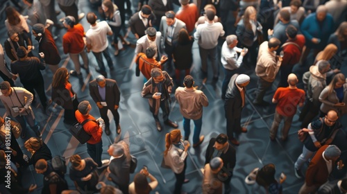 A crowd of people standing around each other, engaging in conversations and networking during a conference hall event hyper realistic 