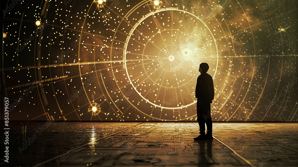 Obraz premium Interstellar Communicator, Holographic Communicator, Breaking through barriers of communication, Transmitting messages of peace across the universe, Nebulous background, Realistic, Golden Hour