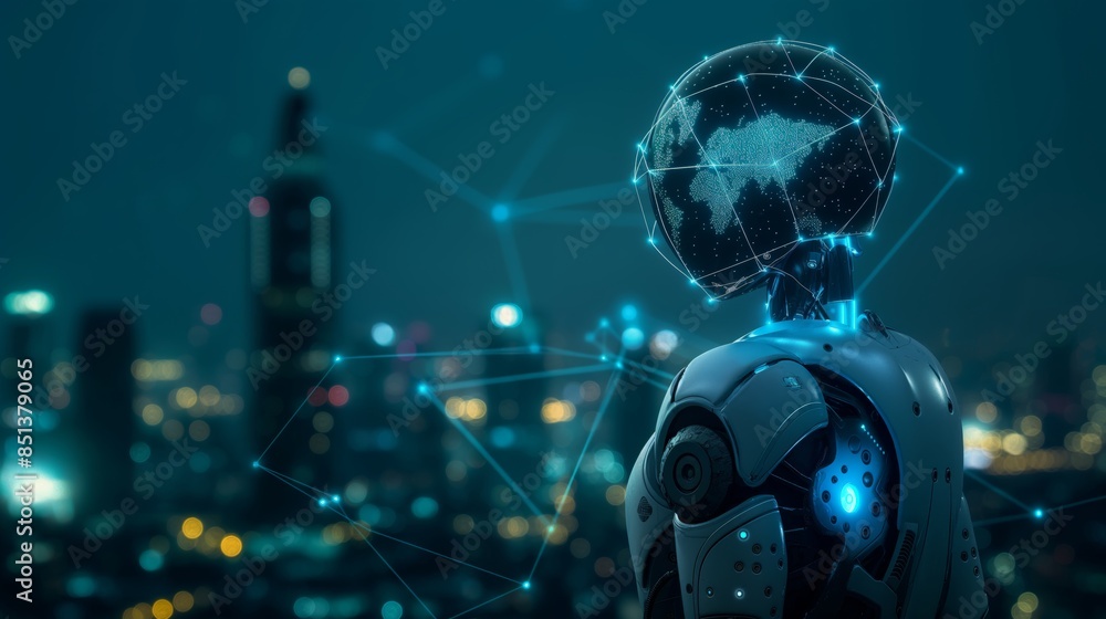 A robot with a digital globe as its head overlooks a city, symbolizing advanced technology and global connectivity A robot with a digital globe as its head overlooks a city, symbolizing advanced technology and global connectivity