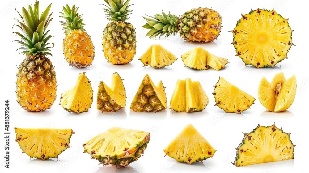 Pineapple Sliced. Whole and Sliced Pineapple Isolated on White Background Pineapple Sliced. Whole and Sliced Pineapple Isolated on White Background