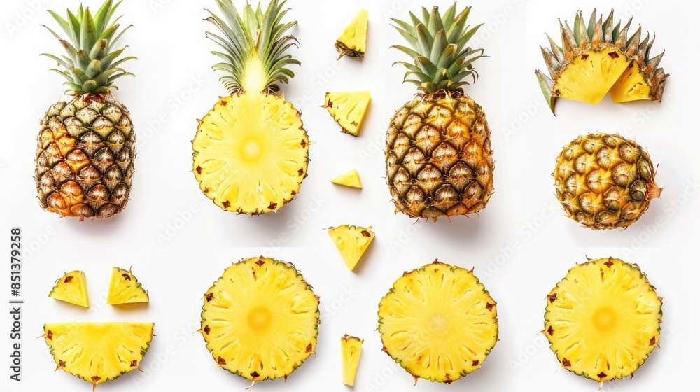 Pineapple Sliced. Whole and Sliced Pineapple Isolated on White Background. Collection of Pineapple Elements Pineapple Sliced. Whole and Sliced Pineapple Isolated on White Background. Collection of Pineapple Elements