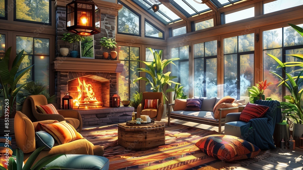 A sunroom with a cozy, inviting ambiance, featuring a large fireplace, comfortable armchairs, and an array of colorful throw pillows A sunroom with a cozy, inviting ambiance, featuring a large fireplace, comfortable armchairs, and an array of colorful throw pillows