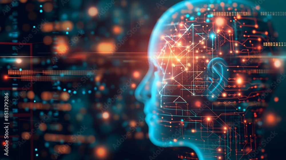 A human profile formed by glowing circuits and data lines, representing the merging of human intellect and digital technology A human profile formed by glowing circuits and data lines, representing the merging of human intellect and digital technology