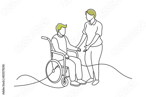 Hands of a caregiver and an elderly person in a wheelchair, doodle continuous line art vector illustration