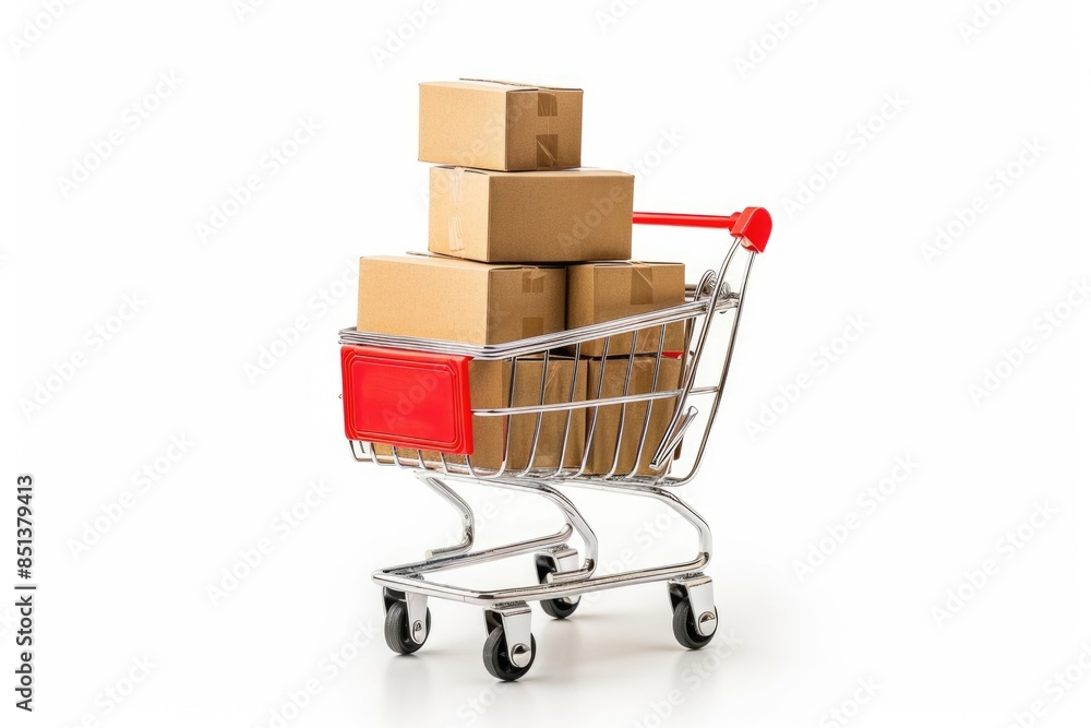 Shopping Cart With Boxes. Online Shopping Concept - Shipped Product Boxes in Cart Isolated on White Background Shopping Cart With Boxes. Online Shopping Concept - Shipped Product Boxes in Cart Isolated on White Background