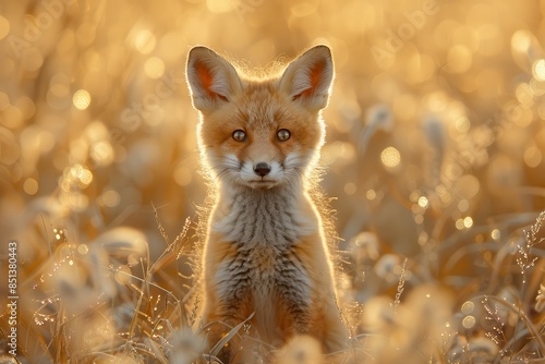 A curious fox kit standing in a field of tall grass, with its head slightly tilted and ears perked up. The background shows a golden sunset © Nico