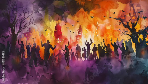 A group of people are dancing in a colorful background