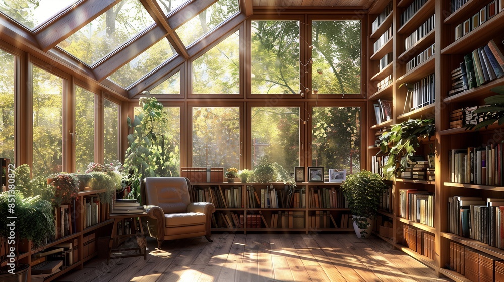 Fototapeta premium A sunroom with a cozy reading nook, filled with bookshelves, a comfortable armchair, and sunlight pouring in from skylights