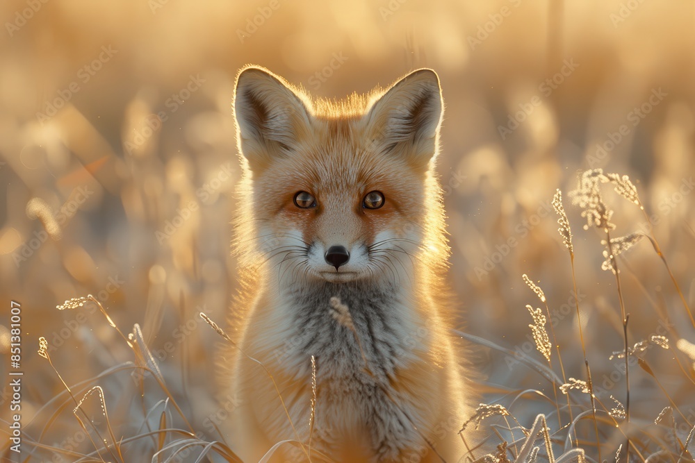 A curious fox kit standing in a field of tall grass, with its head slightly tilted and ears perked up. The background shows a golden sunset A curious fox kit standing in a field of tall grass, with its head slightly tilted and ears perked up. The background shows a golden sunset