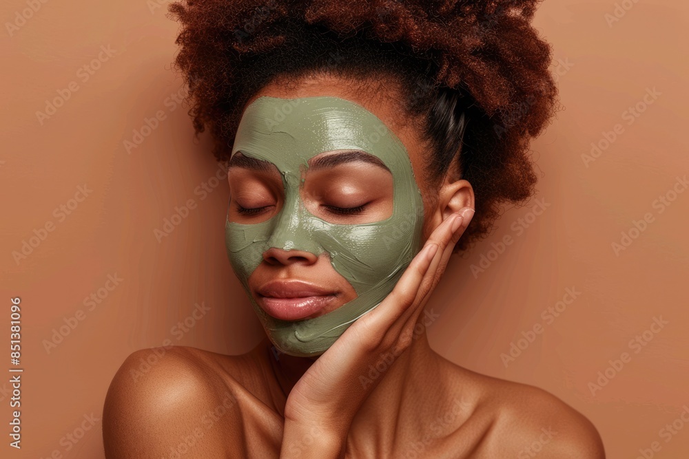 Face Mask Green. African American Middle-Aged Woman Being Pampered with Green Peel-Off Mask Face Mask Green. African American Middle-Aged Woman Being Pampered with Green Peel-Off Mask