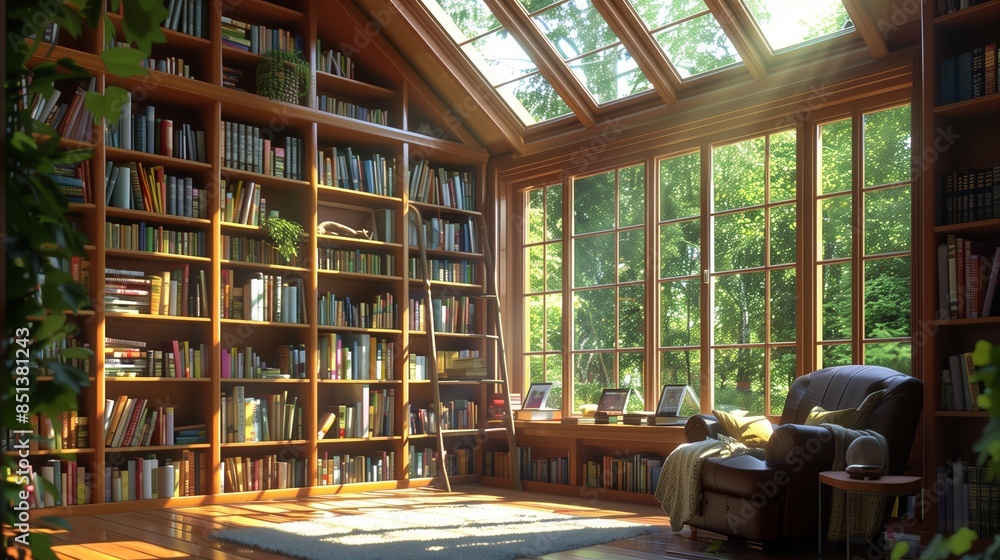 A sunroom with a cozy reading nook, filled with bookshelves, a comfortable armchair, and sunlight pouring in from skylights A sunroom with a cozy reading nook, filled with bookshelves, a comfortable armchair, and sunlight pouring in from skylights