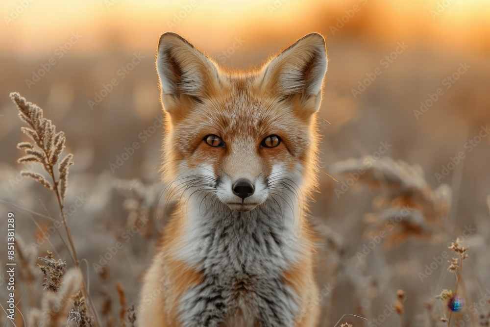 Obraz premium A curious fox kit standing in a field of tall grass, with its head slightly tilted and ears perked up. The background shows a golden sunset
