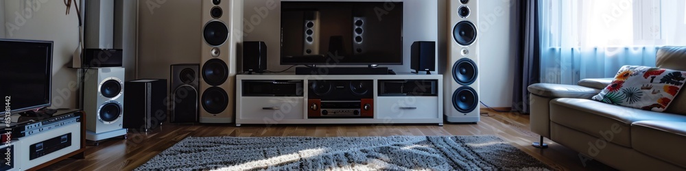 Fototapeta premium Home Audio. Natural White Loudspeakers with Television in a Simple Design