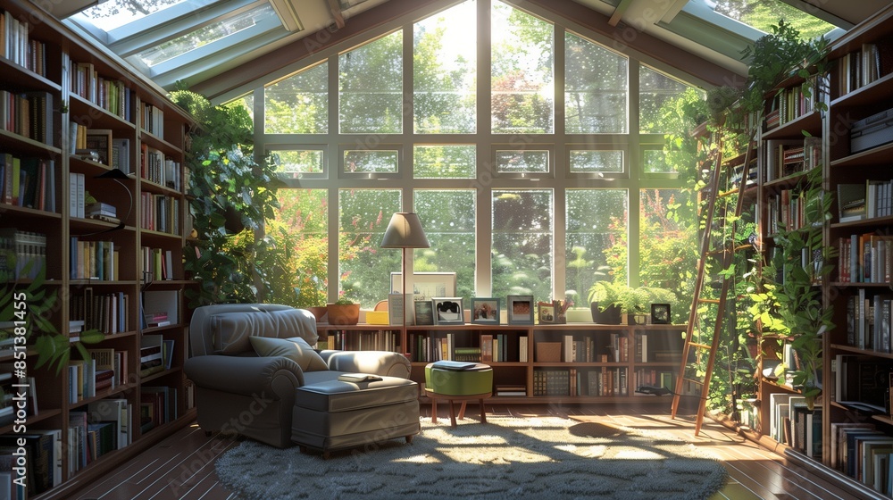 A sunroom with a cozy reading nook, filled with bookshelves, a comfortable armchair, and sunlight pouring in from skylights A sunroom with a cozy reading nook, filled with bookshelves, a comfortable armchair, and sunlight pouring in from skylights