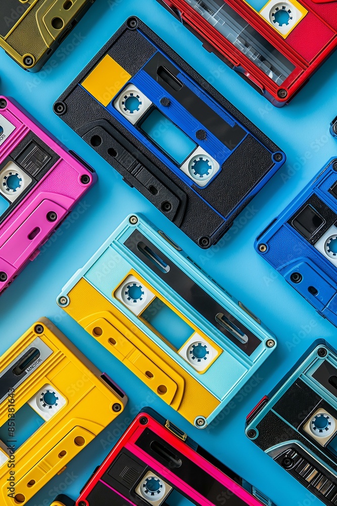 Colorful Retro Audio Cassette Tapes Arranged on Blue Background Colorful Retro Audio Cassette Tapes Arranged on Blue Background