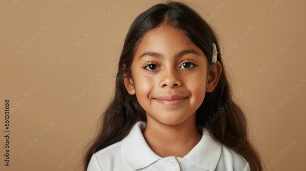 Smiling Hispanic Schoolgirl in White Uniform Against Neutral Background Smiling Hispanic Schoolgirl in White Uniform Against Neutral Background