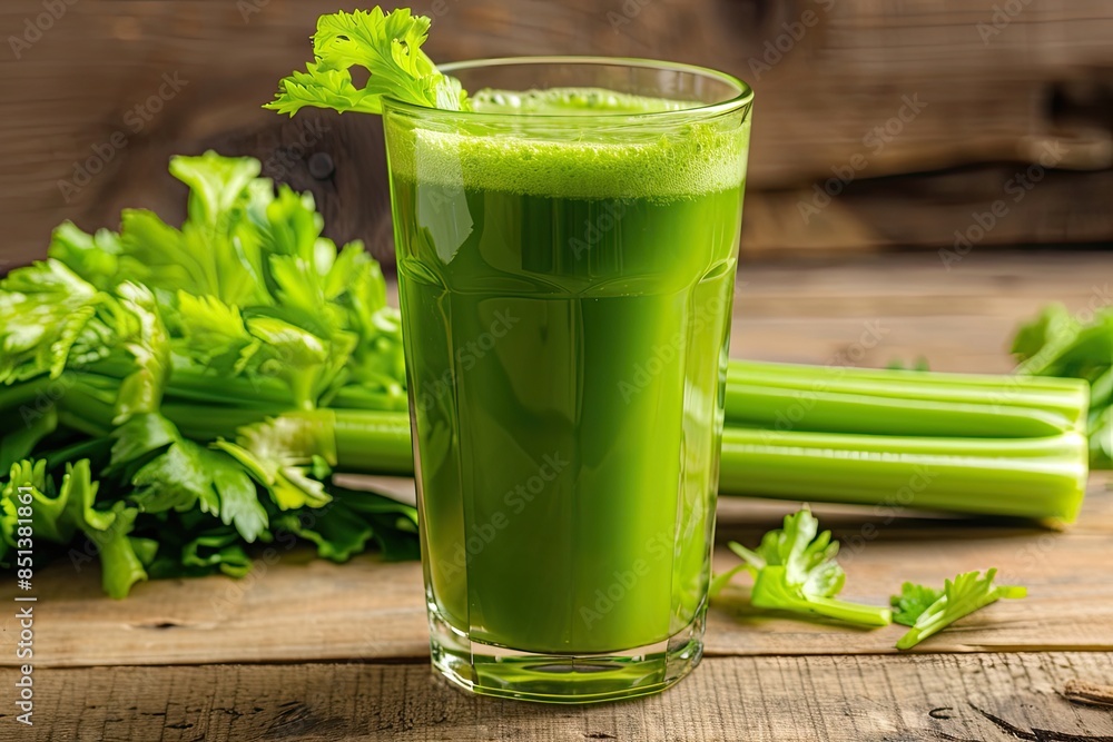 Fresh Green Celery Juice in a Glass with Celery Stalks on Wooden Table Fresh Green Celery Juice in a Glass with Celery Stalks on Wooden Table