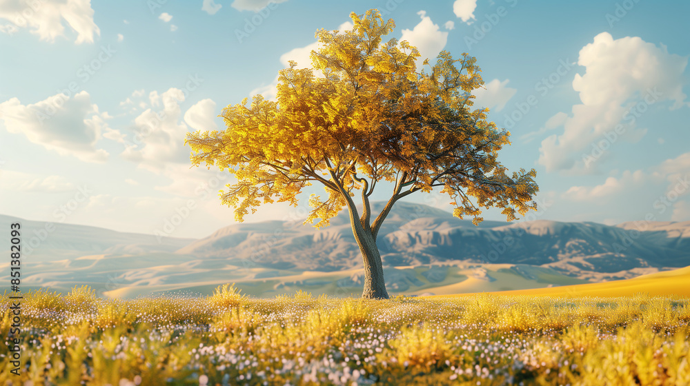 Fototapeta premium Brown tree with light green leaves In the middle of a yellow meadow