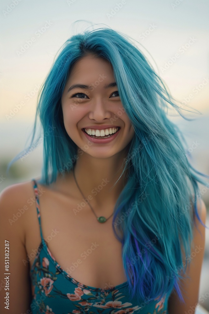 Portrait of a Beautiful Asian Woman with Blue Hair and Radiant Smile Portrait of a Beautiful Asian Woman with Blue Hair and Radiant Smile