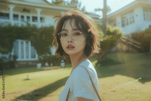 A cute Chinese girl with short hair, wearing glasses and a white T-shirt and black pants, posing on the lawn of her villa for a selfie with exaggerated expression and smiles in a front view