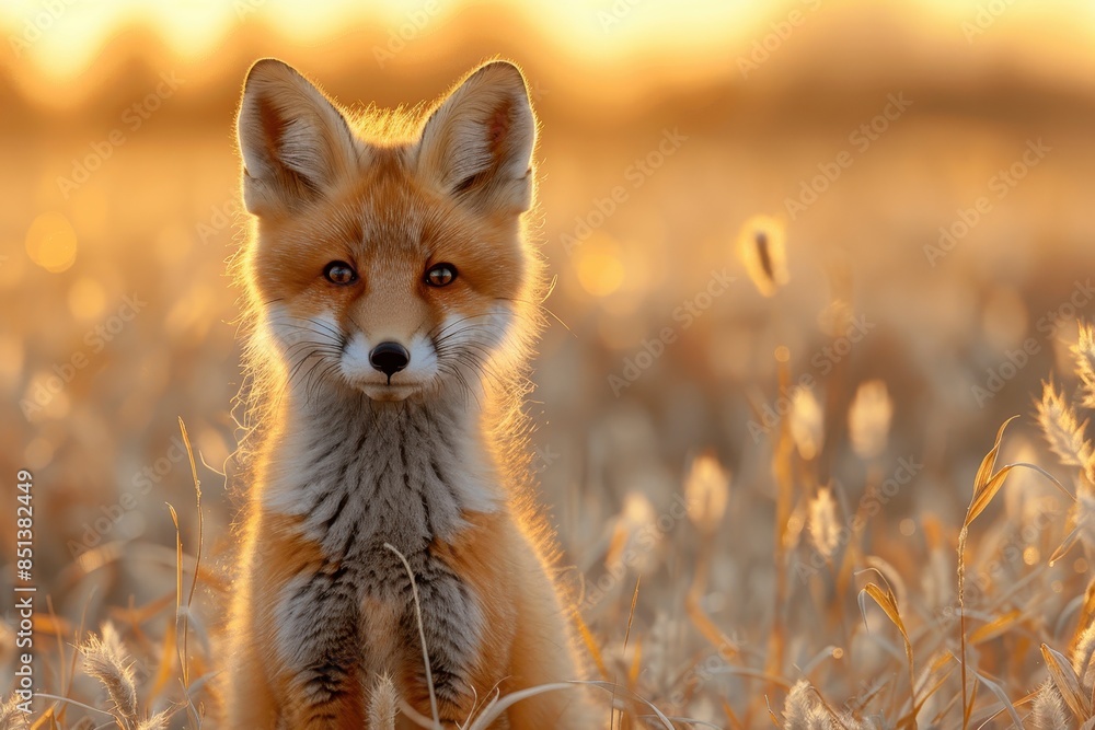 Fototapeta premium A curious fox kit standing in a field of tall grass, with its head slightly tilted and ears perked up. The background shows a golden sunset