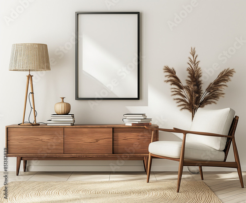 poster frame mockup in a modern living room interior with floor, wooden furniture, chair and cabinet. 