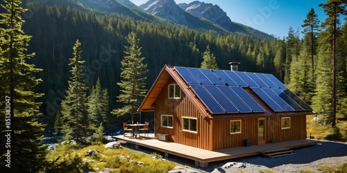 Off-grid solar cell system powering a remote cabin in the mountains