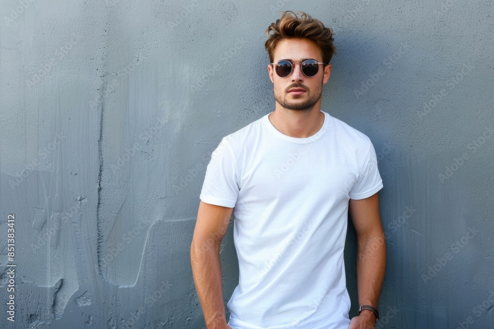 Sunglasses T-Shirt Fashion: Stylish Young Man in White Blank Tee Sunglasses T-Shirt Fashion: Stylish Young Man in White Blank Tee