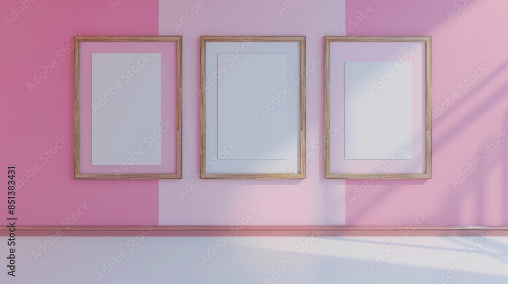 Three Frame Mockup on White and Pink Wall. Empty Vertical Frames for Picture Gallery Three Frame Mockup on White and Pink Wall. Empty Vertical Frames for Picture Gallery