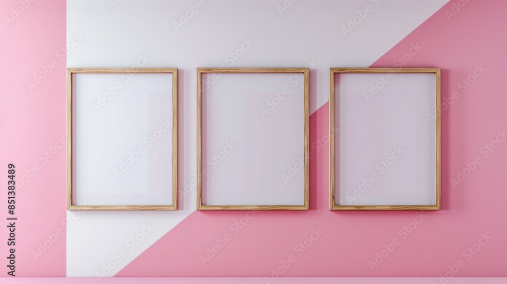 Three Frame. Empty Blank Wooden Frames on Pink and White Wall Mockup Three Frame. Empty Blank Wooden Frames on Pink and White Wall Mockup