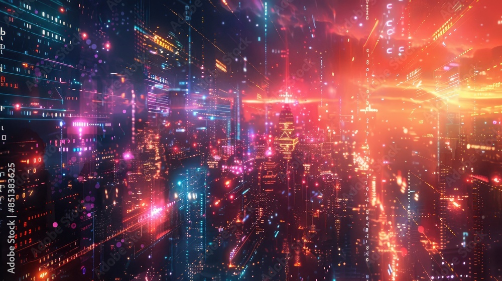 Obraz premium Futuristic Urban Skyline at Night with Neon Lights and Digital Glitches