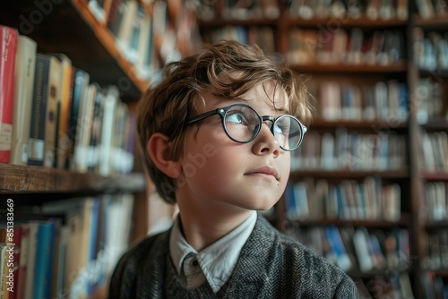 Curious Young Boy with Glasses in a Library, Immersed in Books and Learning