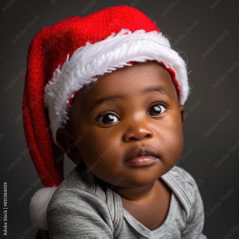 Baby In Santa Hat. Cute African Toddler Portrait Celebrating Christmas Baby In Santa Hat. Cute African Toddler Portrait Celebrating Christmas