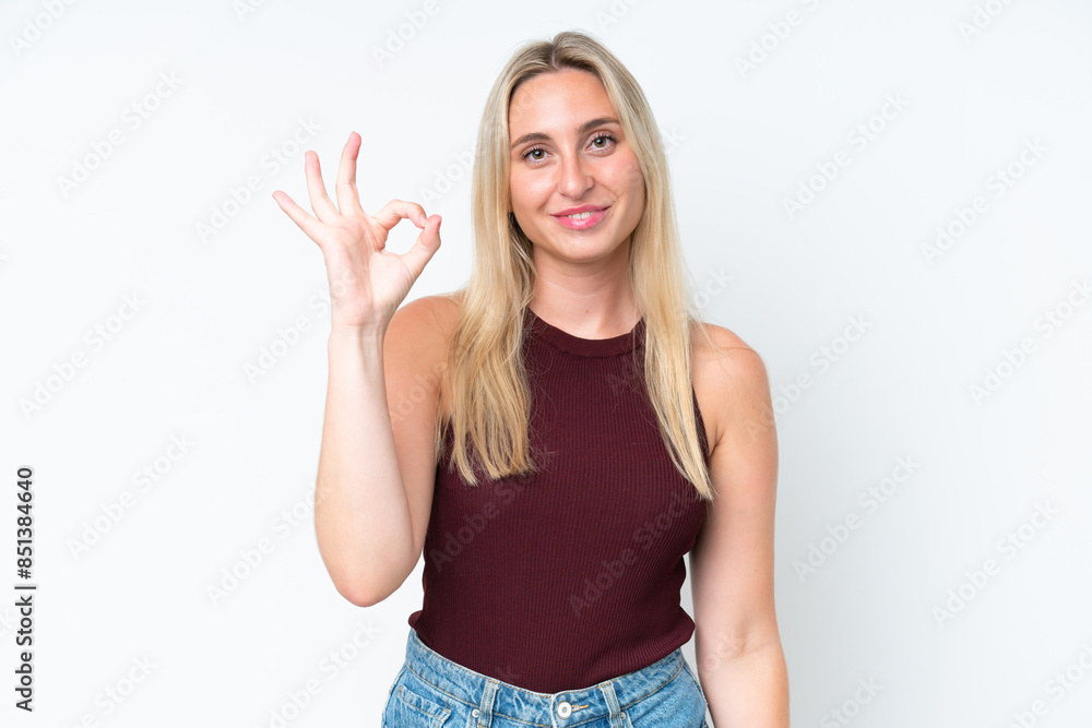 Young caucasian woman isolated on white background showing ok sign with fingers Young caucasian woman isolated on white background showing ok sign with fingers