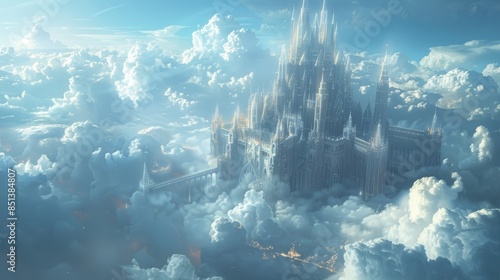 A majestic castle pierces the clouds, reaching towards a bright, sunlit sky