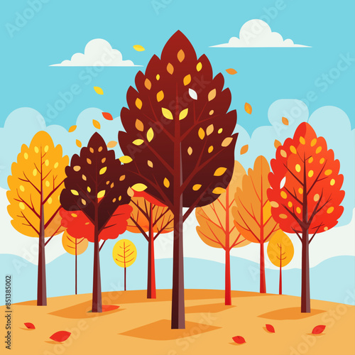 Autumn trees with colorful leaves against a bright sky.