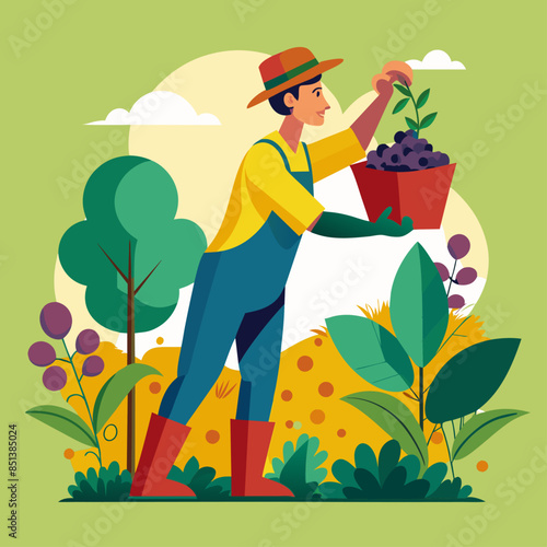 Man harvesting berries in a garden