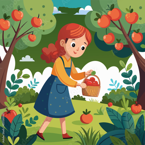 Girl harvesting apples in an orchard
