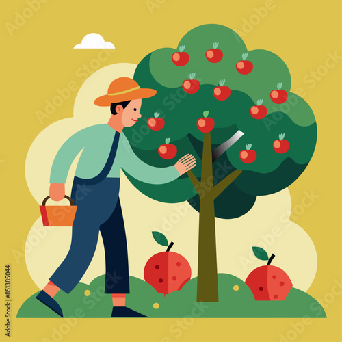 Farmer picking apples from a tree