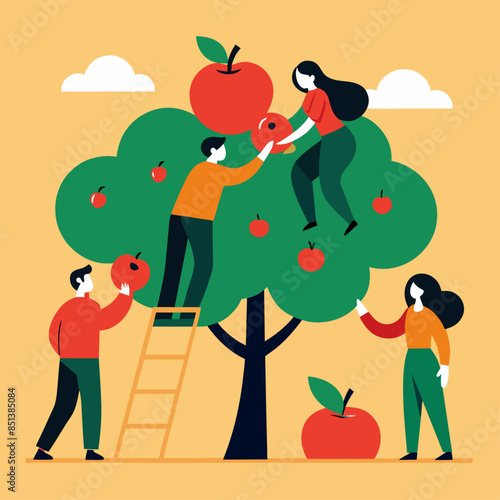  flat illustration of a group of people harvesting apples from a tree with ladders, baskets, and hands, set against a light background