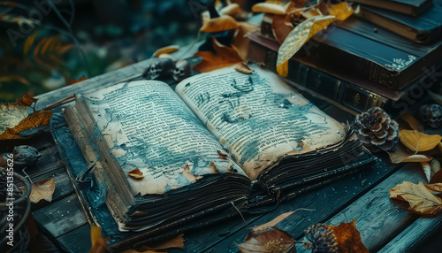 An open book with a blue cover and yellow leaves on the table