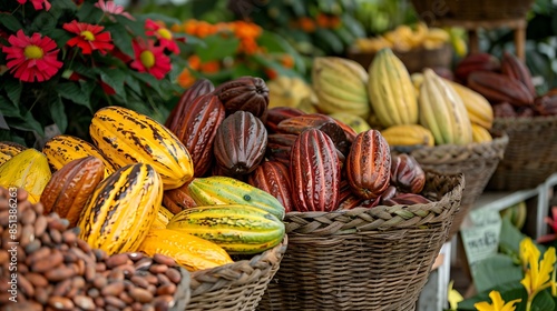 A photo of various types of cacao fruit in baskets, arranged on display at an outdoor market or food festival. The fruits include yellow and red beans with glossy skin, large dark brown cashew nuts, photo