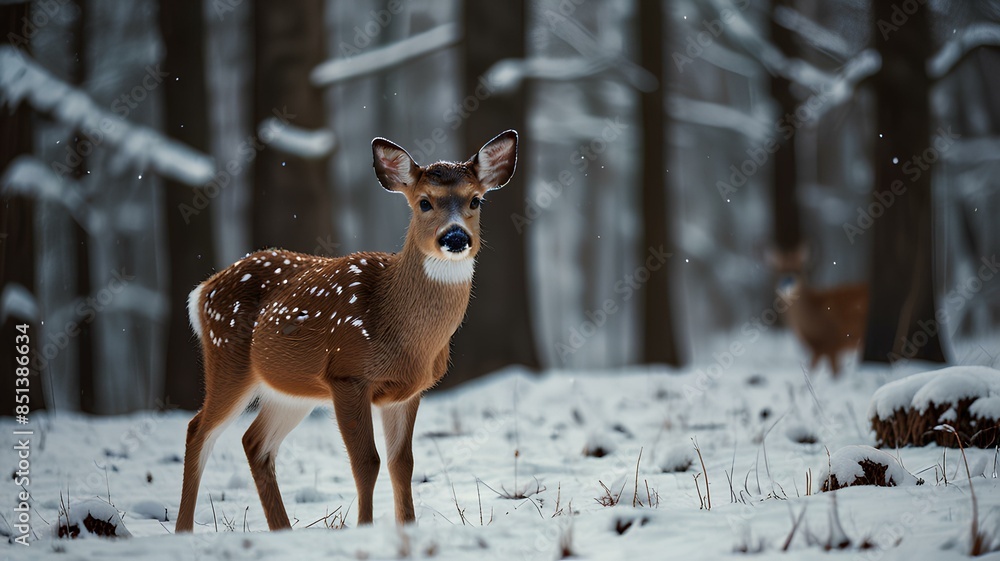 White-tailed cute baby deer in winter snowy forest, copy space for text, Horizontal Christmas season cards background. White-tailed cute baby deer in winter snowy forest, copy space for text, Horizontal Christmas season cards background.