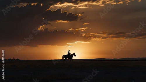 Western landscape with silhouette of a lonely cowboy riding a horse in beautiful midwest.