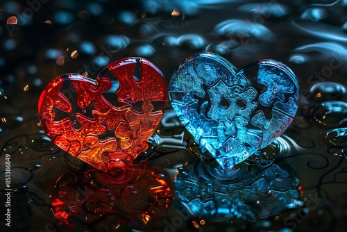 Puzzle hearts in the rain with red and blue pieces. Artistic photo of love and unity concept. Use for romantic or conceptual projects, postcards, and decor. Generative AI photo
