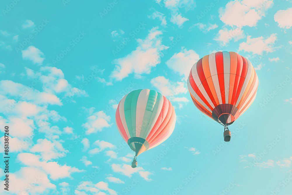 Fototapeta premium Colorful balloons floating against a clear blue sky, Colorful hot air balloons flying in the blue sky at the festival, Hot air balloons flying above clouds at sunset,Adventure and travel